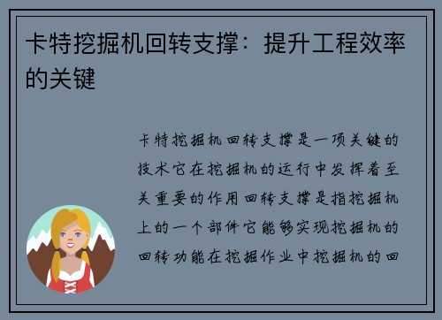 卡特挖掘机回转支撑:提升工程效率的关键 卡特挖掘机回转支撑:提升工程效率的关键