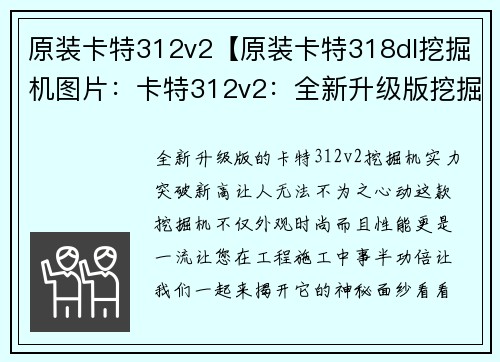 原装卡特312v2【原装卡特318dl挖掘机图片:卡特312v2:全新升级版挖掘机,实力突破新高】 原装卡特312v2【原装卡特318dl挖掘机图片:卡特312v2:全新升级版挖掘机,实力突破新高】